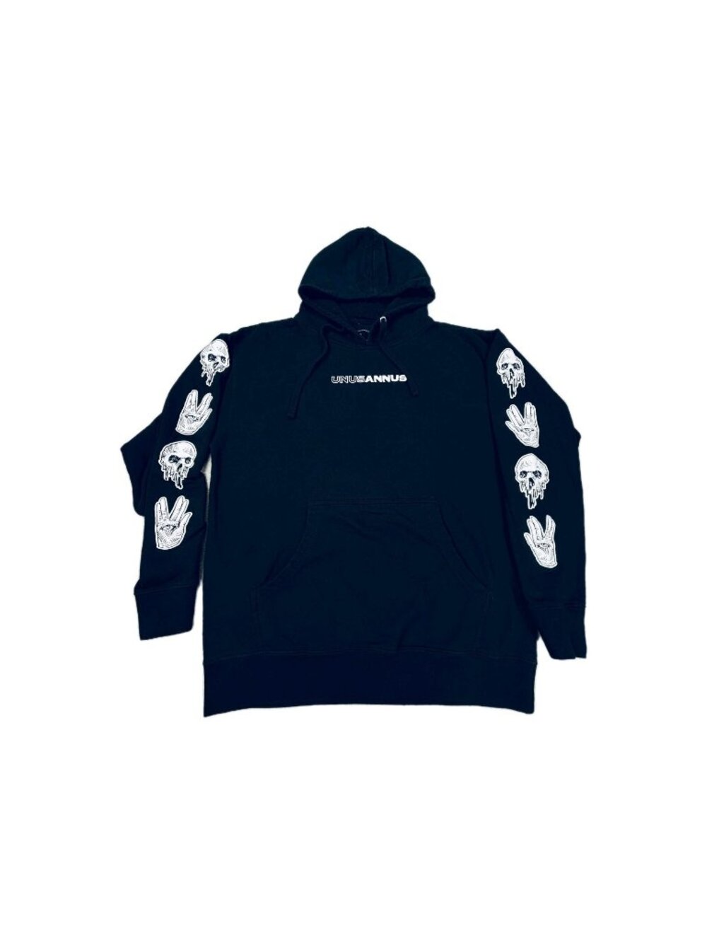 Unus Annus Goddus Independent Trading Co Hoodie Mens Large Black Skulls Hands